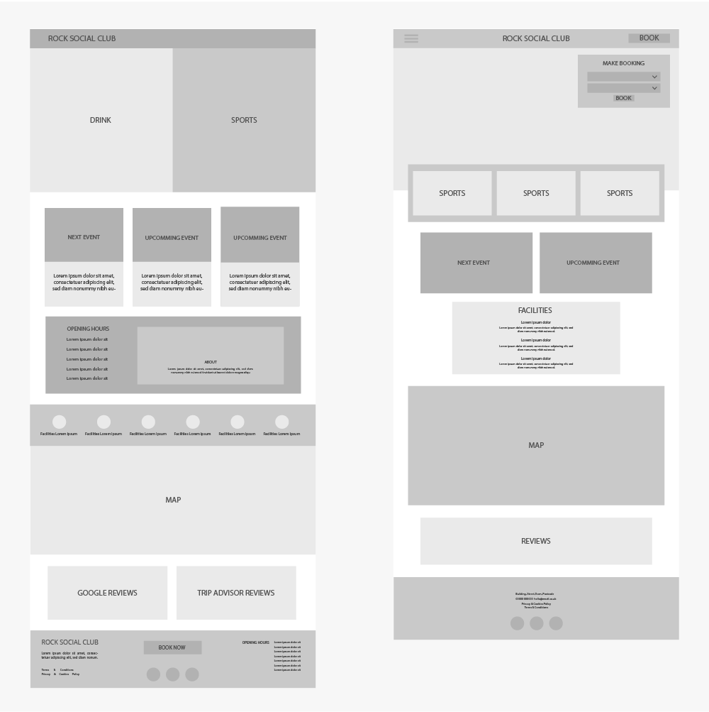 Rock Sports Club Wireframe Brainstorming