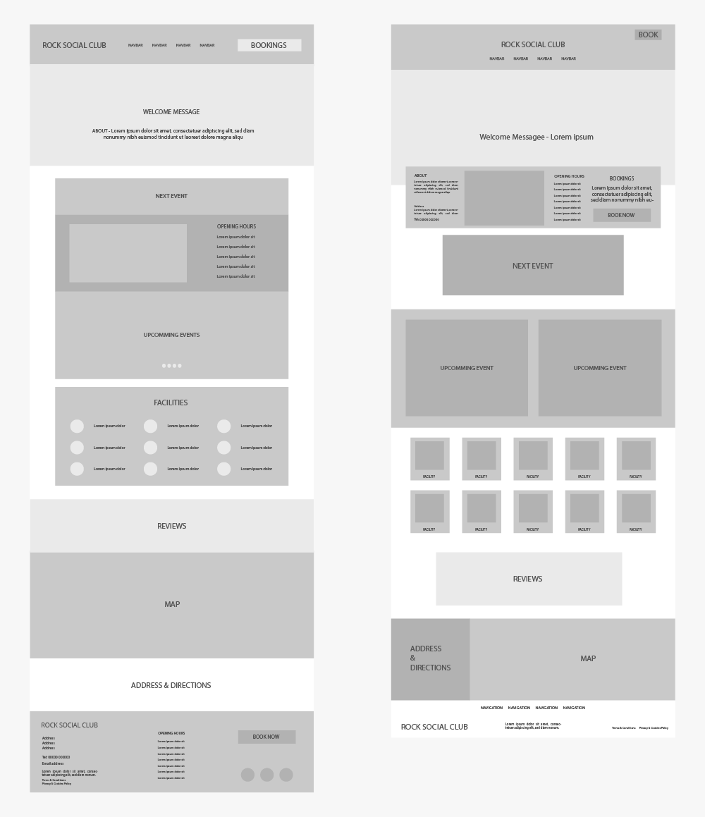 Rock Sports Club Wireframe Brainstorming